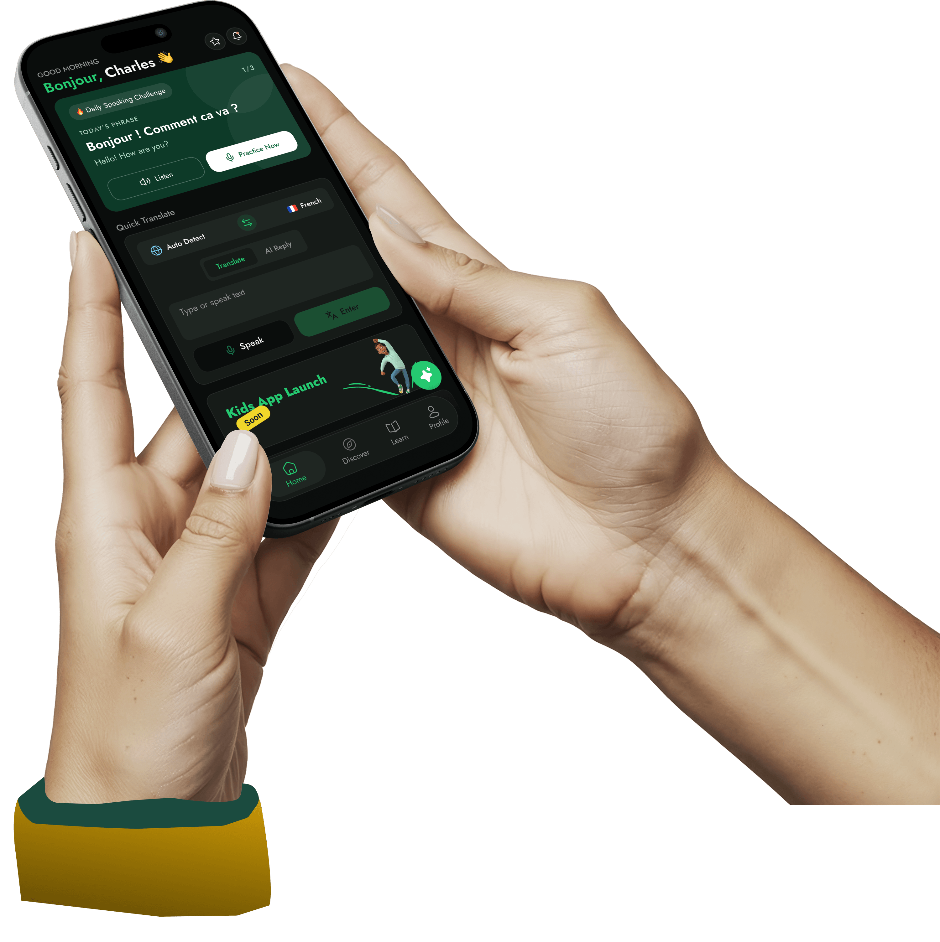 Hands holding a phone running the Flengauge app